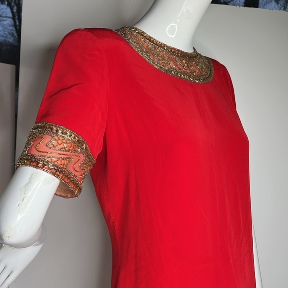 Bob Mackie Sz 8 Red Shift Beaded Collar and Cap Sleeve Dress - Picture 3 of 8